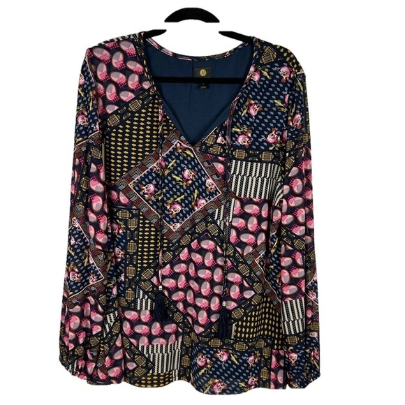 JM Collection Boho Sheer Sleeves Tassel Lined Blouse XL Blue Pink - Picture 1 of 14